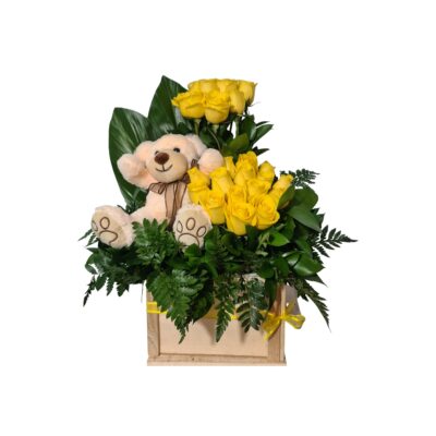 Caja de rosas con oso